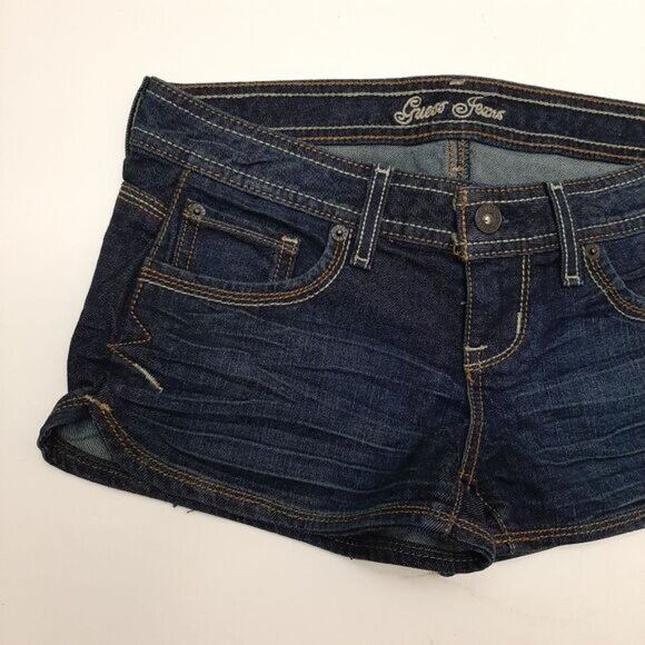 GUESS Dark Blue Jean Short Shorts Whiskering Details Sz 25 - Picture 3 of 10